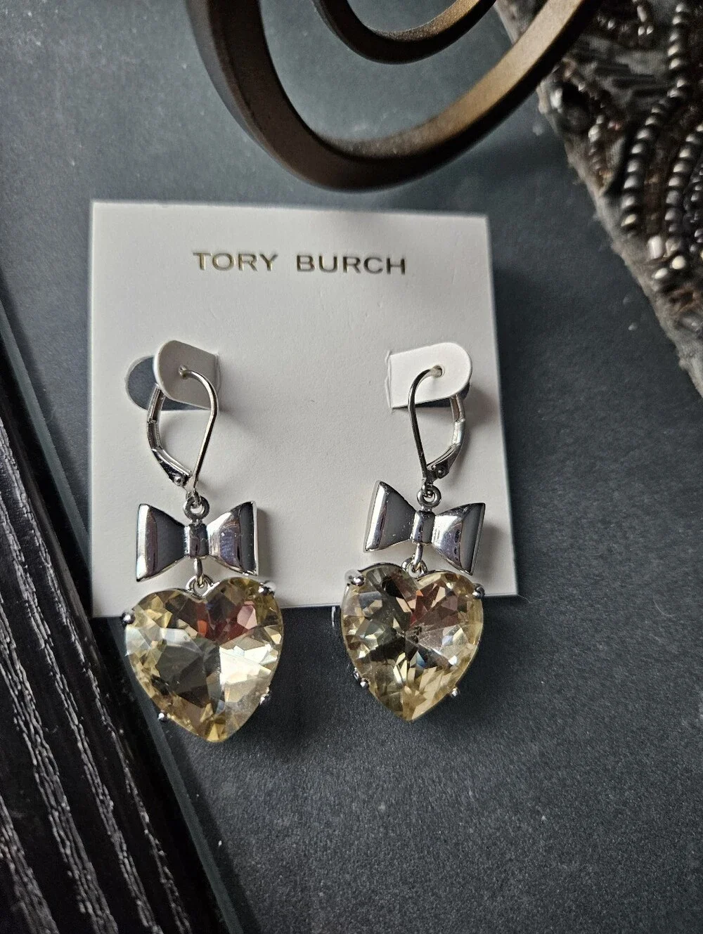 Tory Burch Silver Bow Drop Earrings with Pale Yellow Heart Crystals